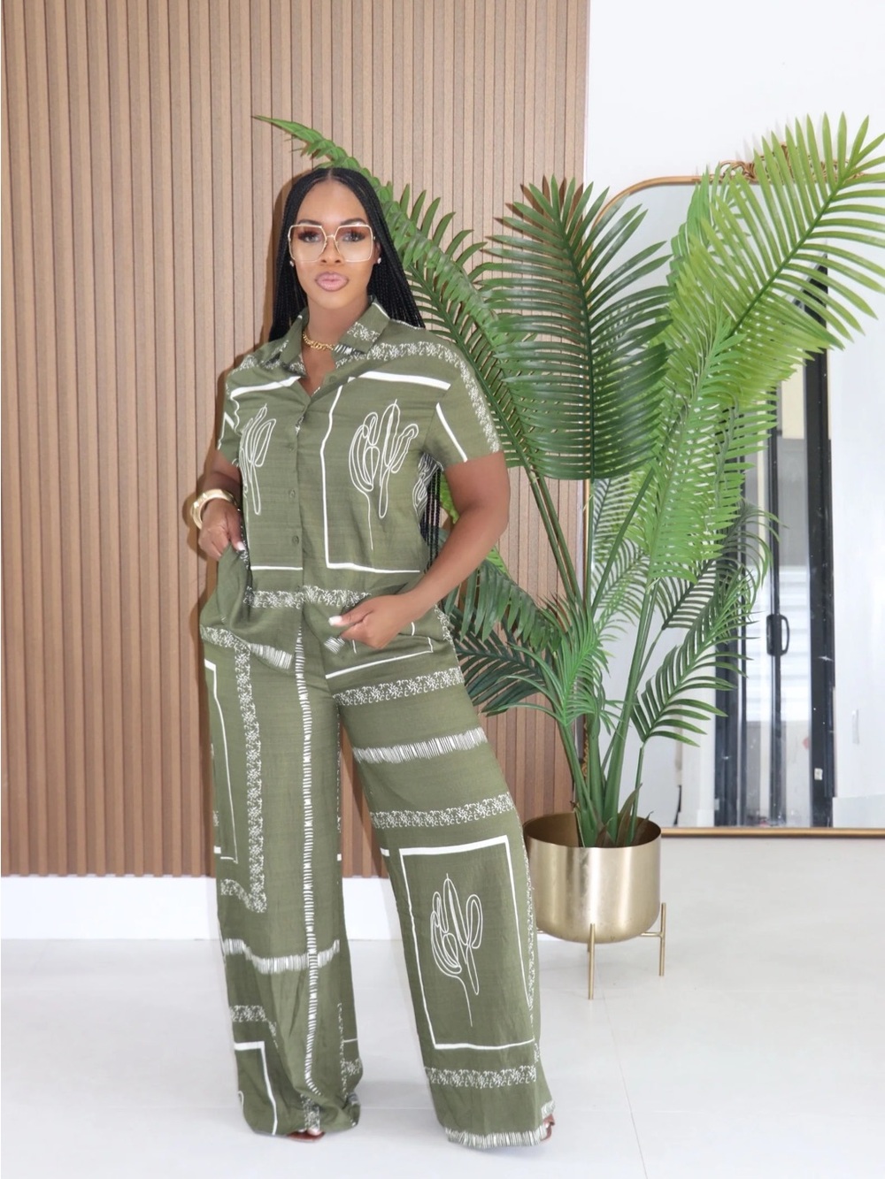 NWT Olive Green Wide-Leg Pant Set with Button Down Shirt | Summer Matching Set
